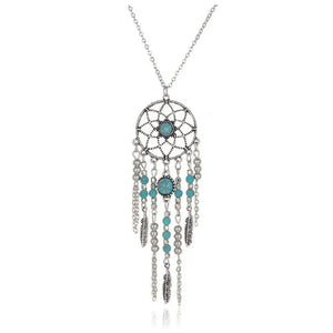 2016 New Bohemia Style Retro Tassel Feathers Turquesa Pendant Necklace 78cm Dream catcher Sweater Necklaces For Women Girl