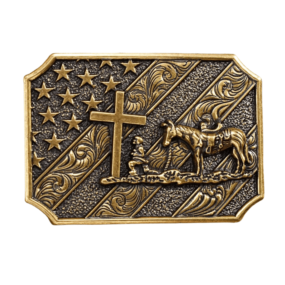 Bältespänne cowboy kors flagga kristen USA Guld brons