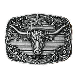 Bältespänne med tjurhuvud och USA-flagga i westernstil Silver