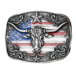 Bältespänne med tjurhuvud och USA-flagga i westernstil Silver flerfärgad