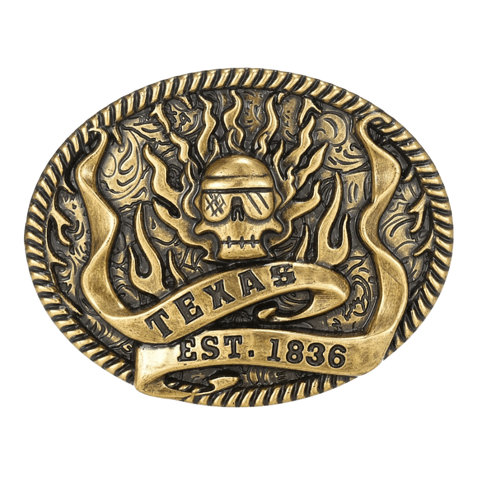 Bältespänne western i antik metall med symbolmotiv Dödskalle