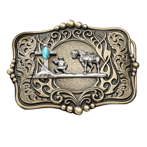 Bältespänne western med turkos sten och motiv i relief Silver kors och häst