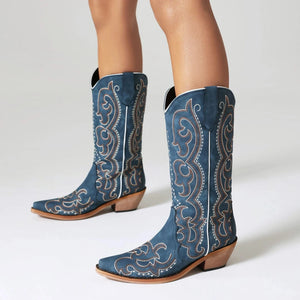 Blåa Höga Cowboyboots med Broderi för Dam