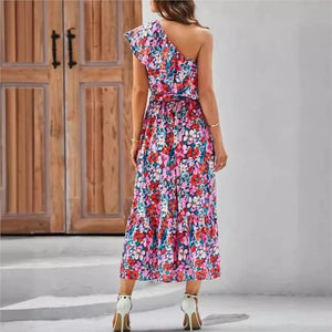 Blommig one shoulder-klänning