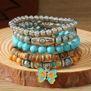 Boho Läderarmband med Turkosa Pärlor och Berlocker Stil 5st fjäril