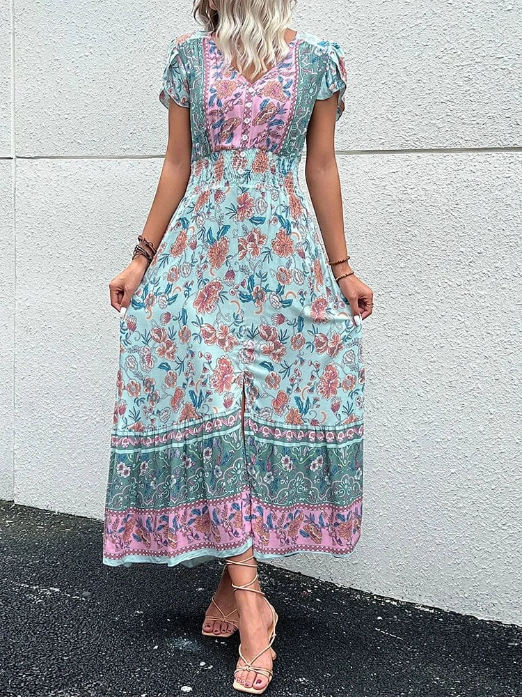 Boho sommarklänning dam med blommigt tryck