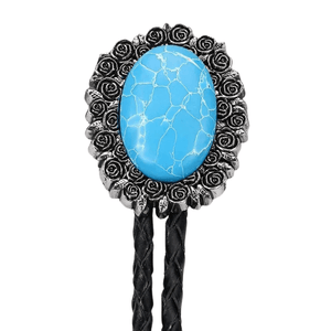 Bolo tie i äkta läder med vintageblomma och steninfattning Himmelsblå