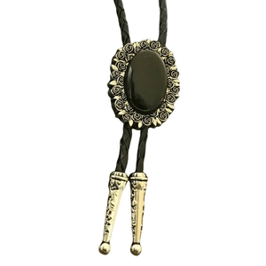 Bolo tie i äkta läder med vintageblomma och steninfattning Svart