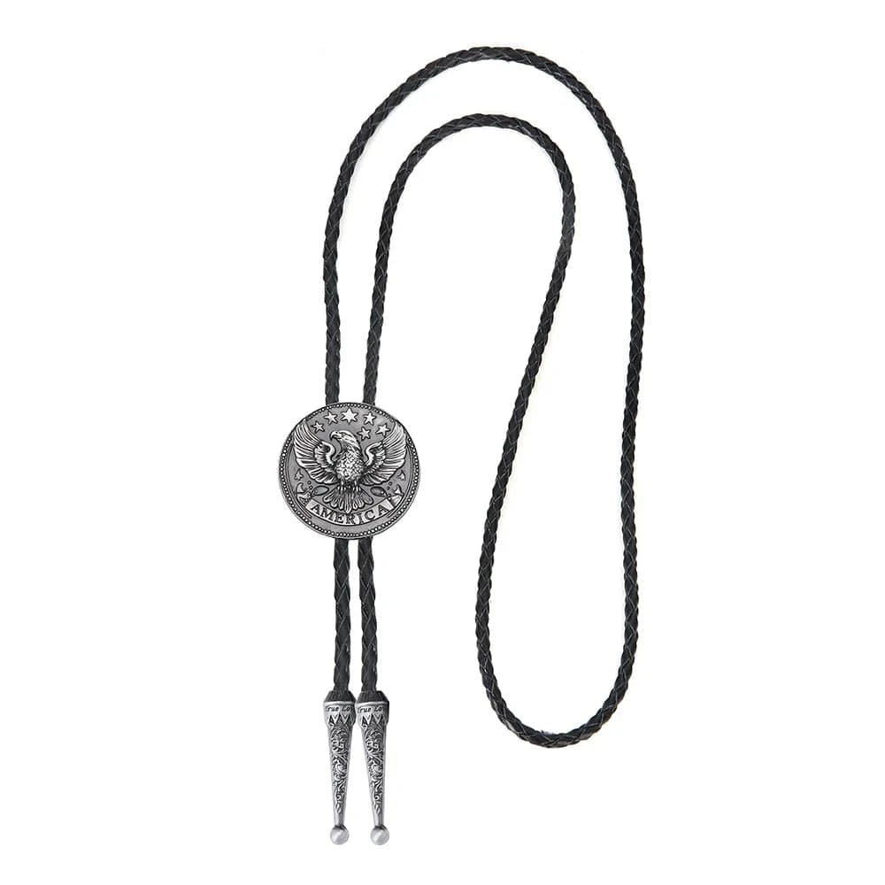 Bolo tie i läder med flygande örn och stjärndesign Antiksilver