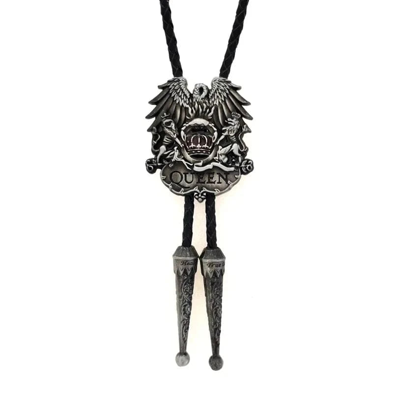 Bolo tie i läder med örnmotiv och metallkrona Antiksilver