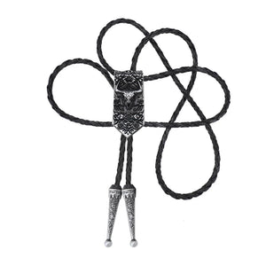 Bolo tie i läder med oxskalle och blommönster Antiksilver