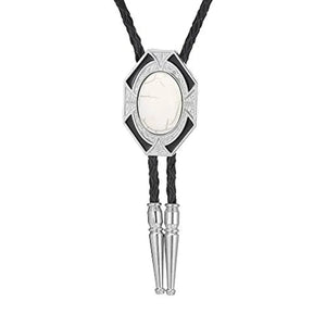 Bolo tie i läder med sexkantig ram och färgad sten Vit