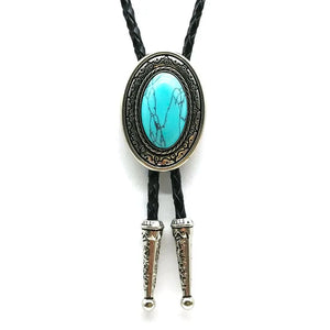 Bolo tie med oval sten och flätat läderband Turkosblå