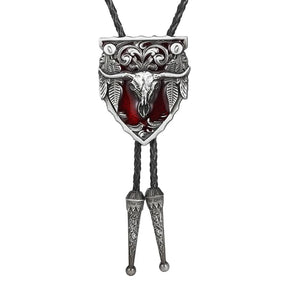 Bolo tie med tjurskalle i oljesköld och läderband Röd
