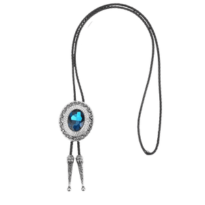 Bolo tie rund med blå rhinestone och flätad läderrem