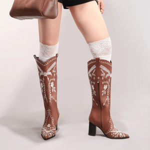 Brun broderade cowboyboots tå och hög klack 8cm
