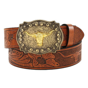 Brunt Cowboybälte i Präglat Läder med Långhornsspänne