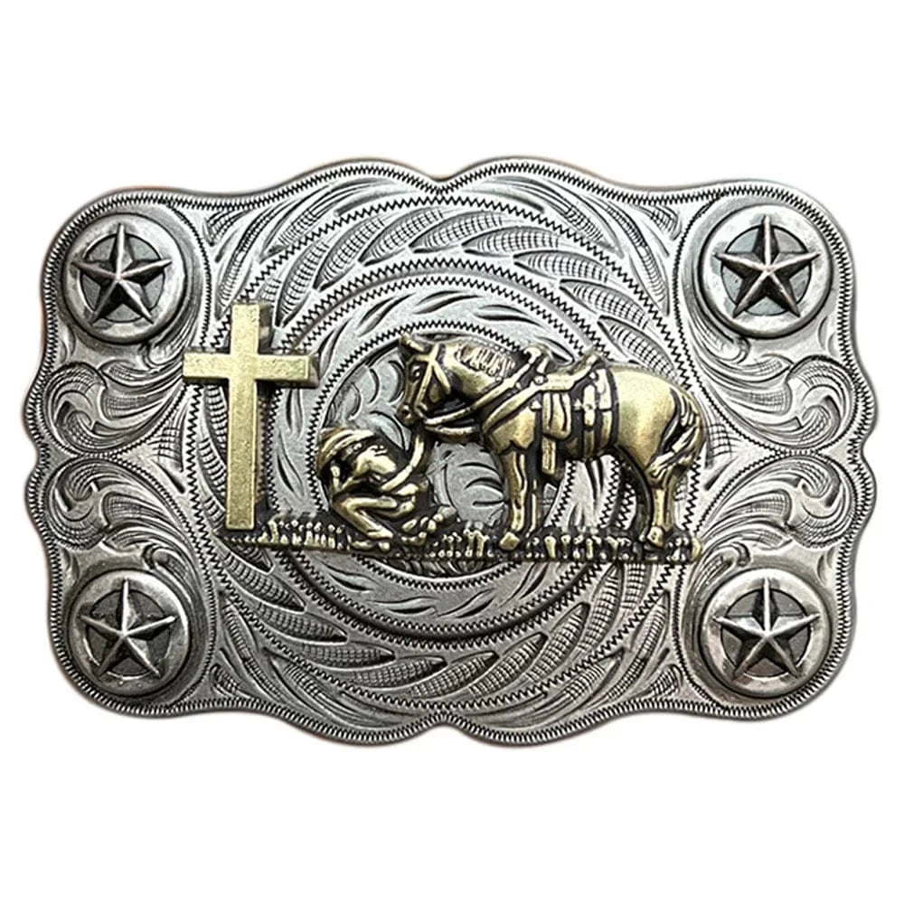 Cowboy Bältesspänne Böjande Man Kors Silver
