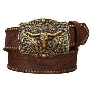 Cowboybälte skulpterat longhornspänne Mörkbrun / 120cm