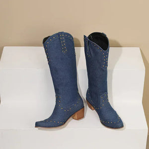 Cowboyboots Denim med Nitar och Blockklack