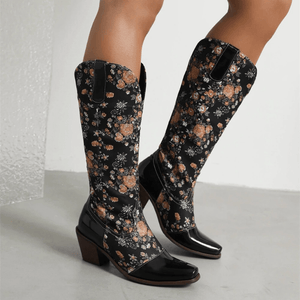 Cowboyboots med Blommönster och Fyrkantig Klack