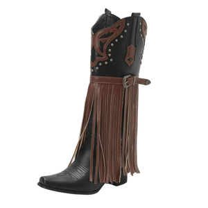 Cowboyboots med fransar och dekorativt spänne i vintage-stil Svart / 35