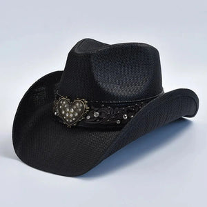 Cowboyhatt i svart flätad halmlook med hjärtspänne Svart / One Size