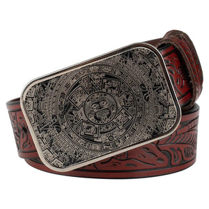 Cowboyläderbälte Aztekspänne Silver Rödbrun / 90cm