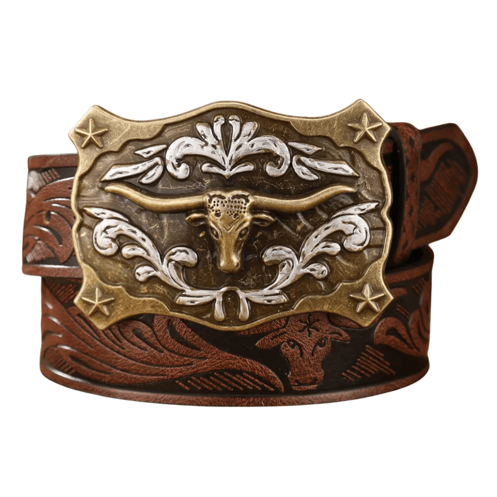 Herr cowboybälte longhornspänne Mörkbrun/Guld / 120cm