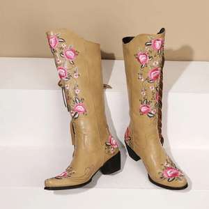Höga Cowboyboots med Blomsterbroderi och Fransar