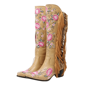 Höga Cowboyboots med Blomsterbroderi och Fransar