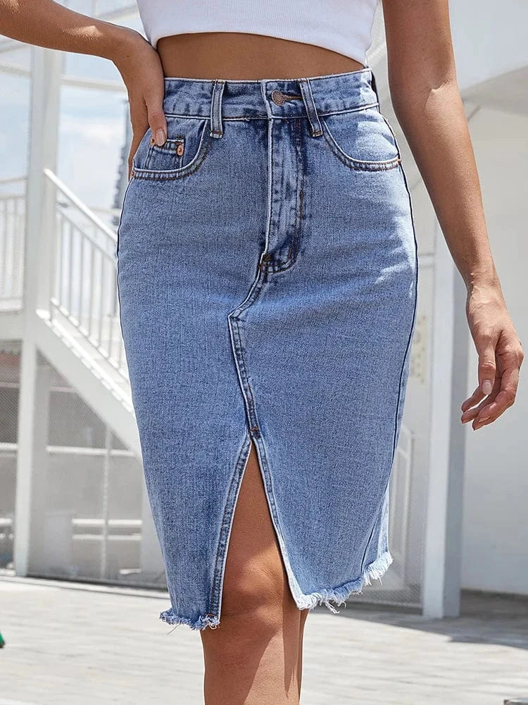 Högmidjad jeanskjol med slits Blå / XS
