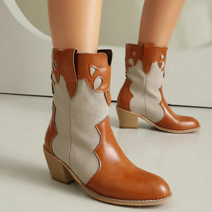 Låga Cowboyboots i västernstil med utskuret mönster och blockklack
