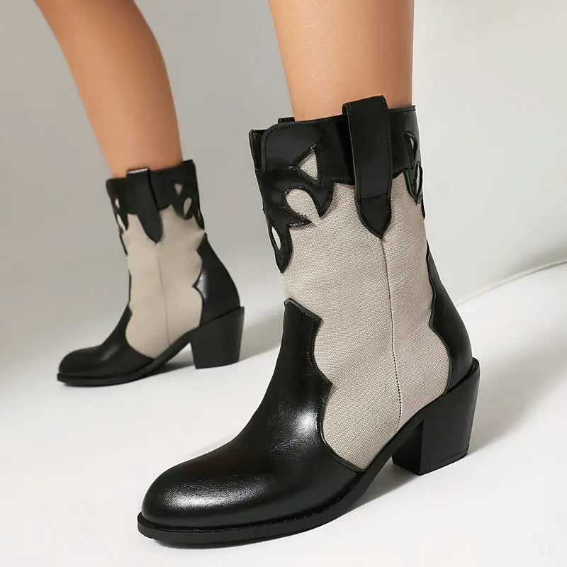 Låga Cowboyboots i västernstil med utskuret mönster och blockklack