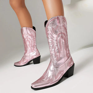 Metalliska Cowgirl Boots med Kontrastbrodyr