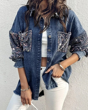 Oversize jeansjacka dam med paljetter Marinblå / S