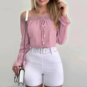 Rosa off shoulder-blus med smock och prickar