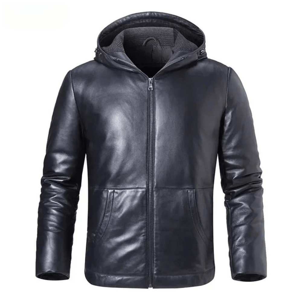 Svart läder dun hoodie jacka herr Svart / XS
