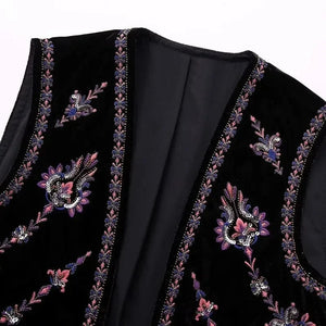 Svart Sammetsväst med Rosa Lila Silver Paljetter Broderi