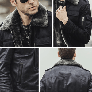 Svart skinn shearling jacka herr