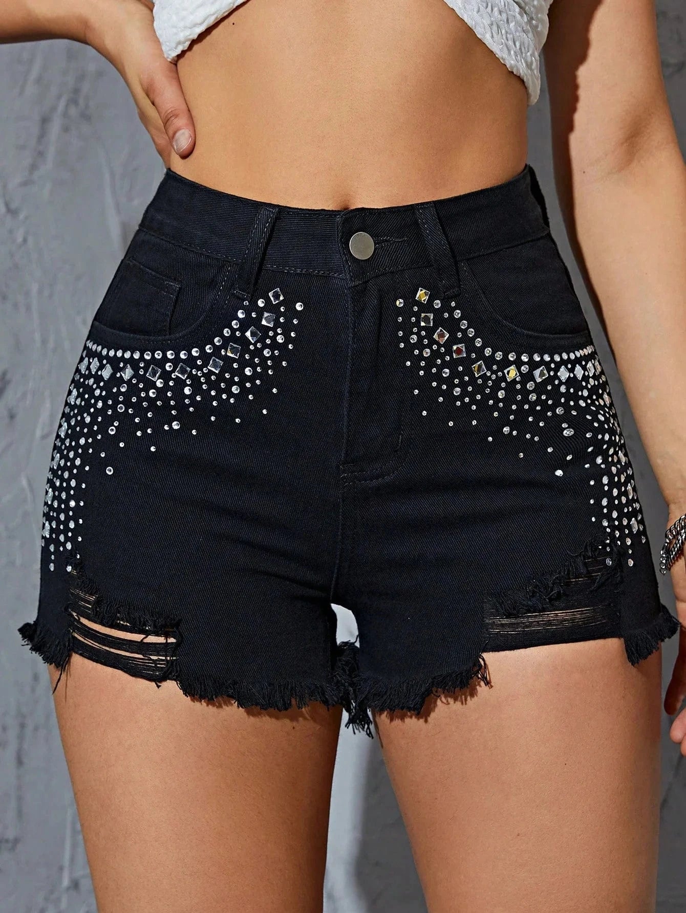 Svarta jeansshorts med strass Svart / S
