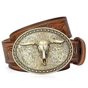 Westernbälte i Präglat Läder med Guldfärgat Longhorn-spänne Brun 2 / 105cm