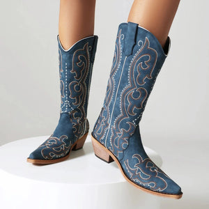 Blåa Höga Cowboyboots med Broderi för Dam