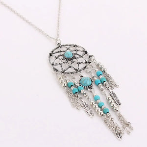 2016 New Bohemia Style Retro Tassel Feathers Turquesa Pendant Necklace  78cm Dream catcher Sweater Necklaces For Women Girl