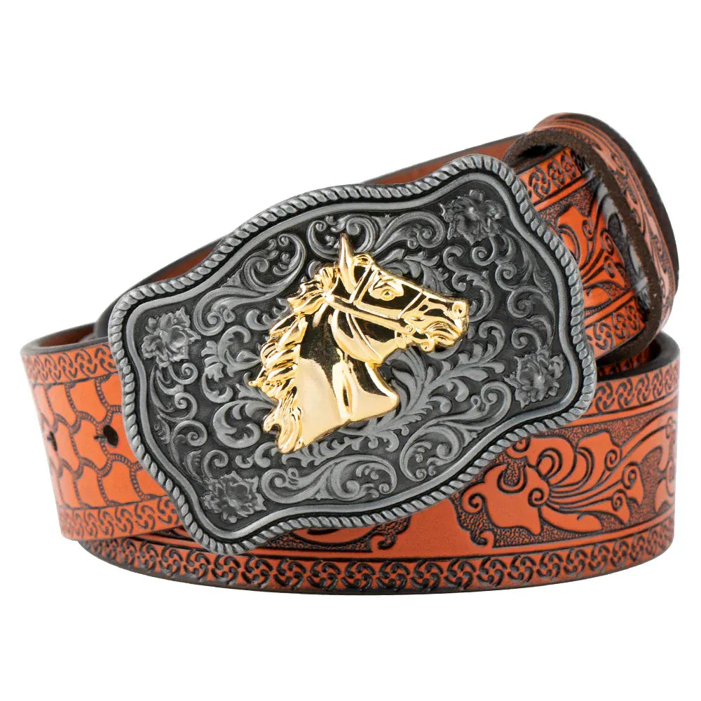 Äkta cowboyläderbälte hästmotiv Orange Hästhuvud / 95cm