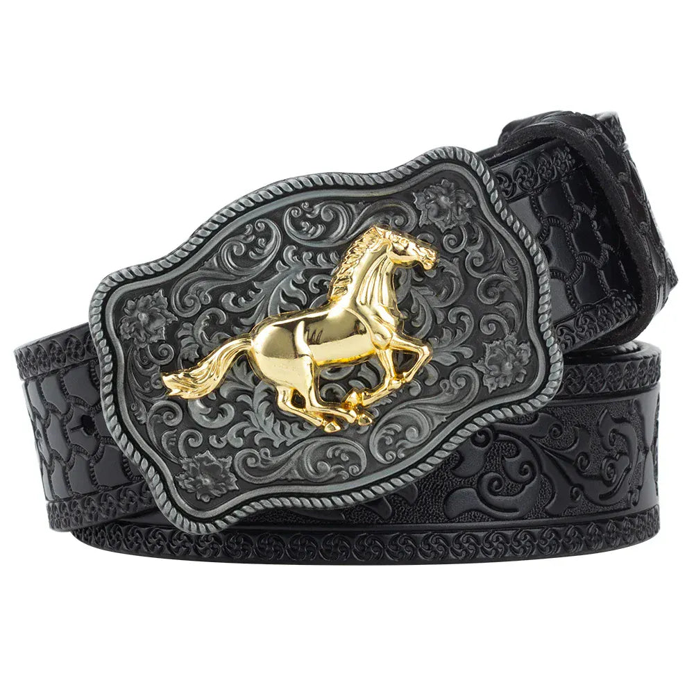 Äkta cowboyläderbälte hästmotiv Svart Häst / 95cm