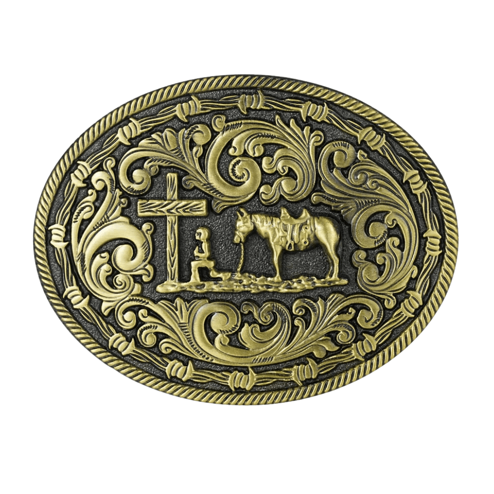 Bältespänne med ranchmotiv och häst i relief Guld