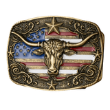 Bältespänne med tjurhuvud och USA-flagga i westernstil Guld flerfärgad
