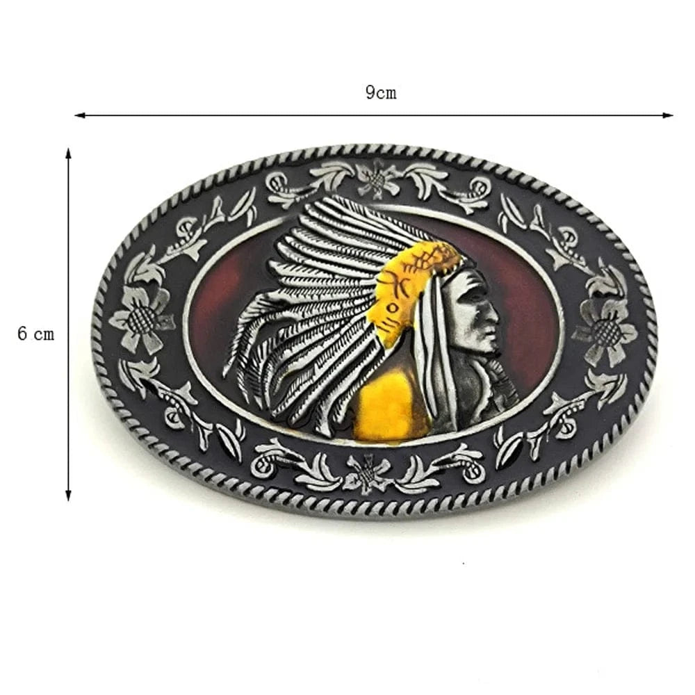 Bältespänne ovalt indianhövding fjädrar western