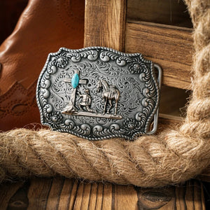Bältespänne silverfärgat med turkos sten och westernmotiv
